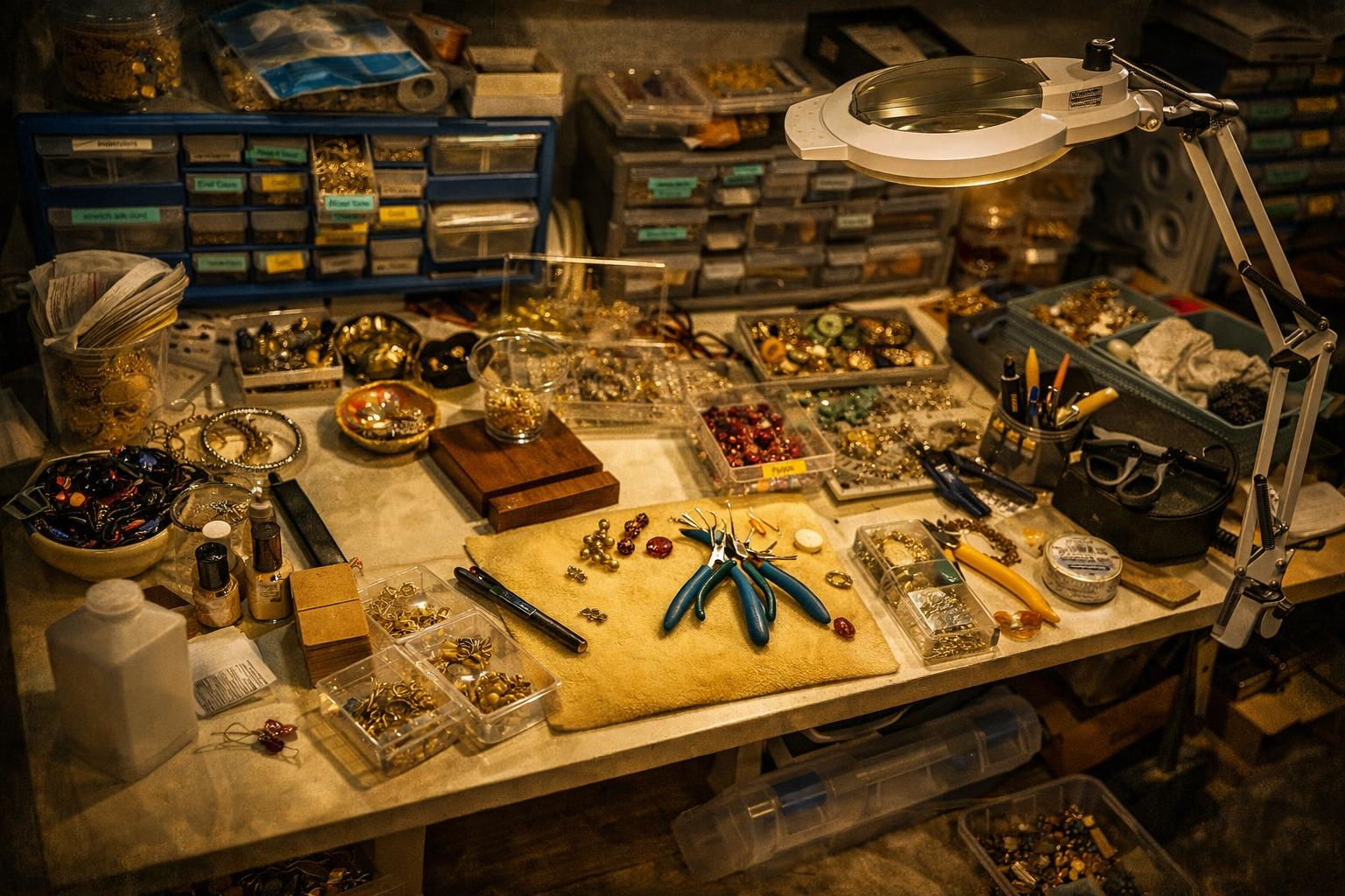 Artisan jewelry workshop with tools and gemstones