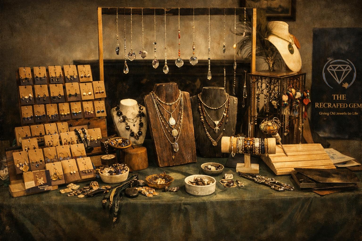 Atmospheric ReCrafted Gem jewelry display with hanging suncatchers and beaded necklaces